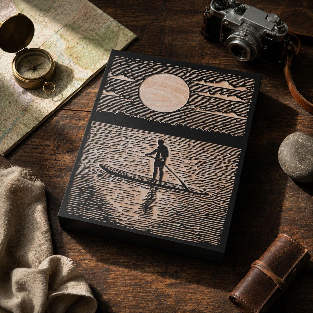 Paddleboard at Sunrise Engraved Wood Panel
