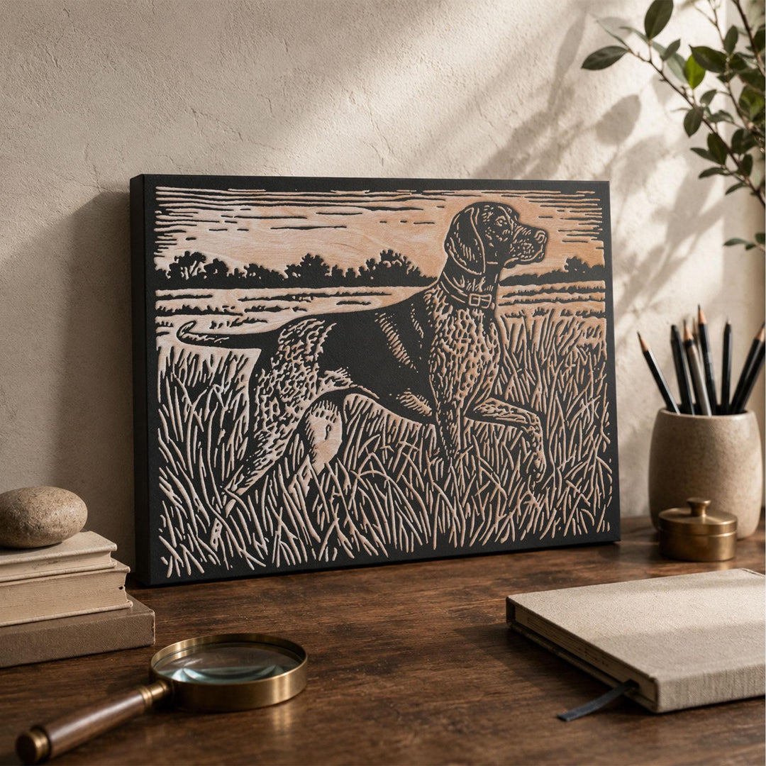 Pointer in Tall Grass Engraved Wood Panel