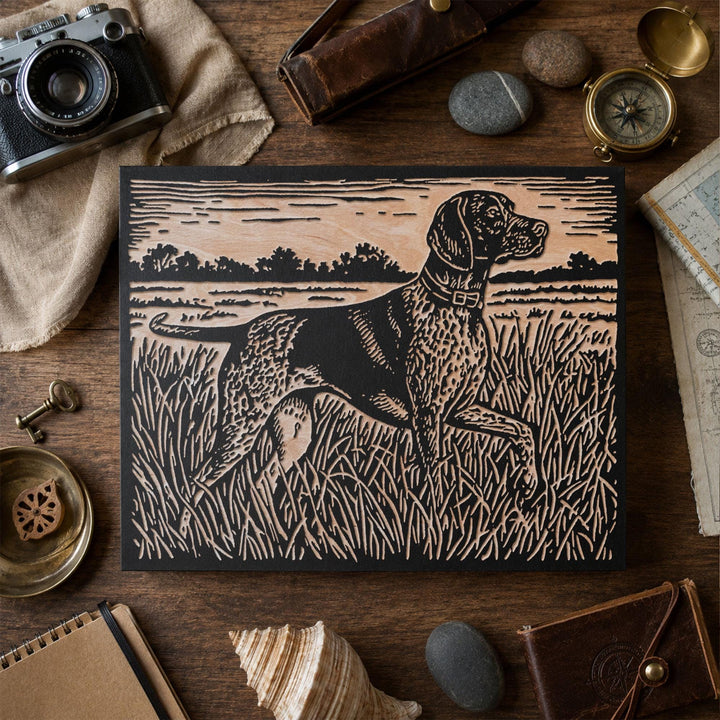 Pointer in Tall Grass Engraved Wood Panel