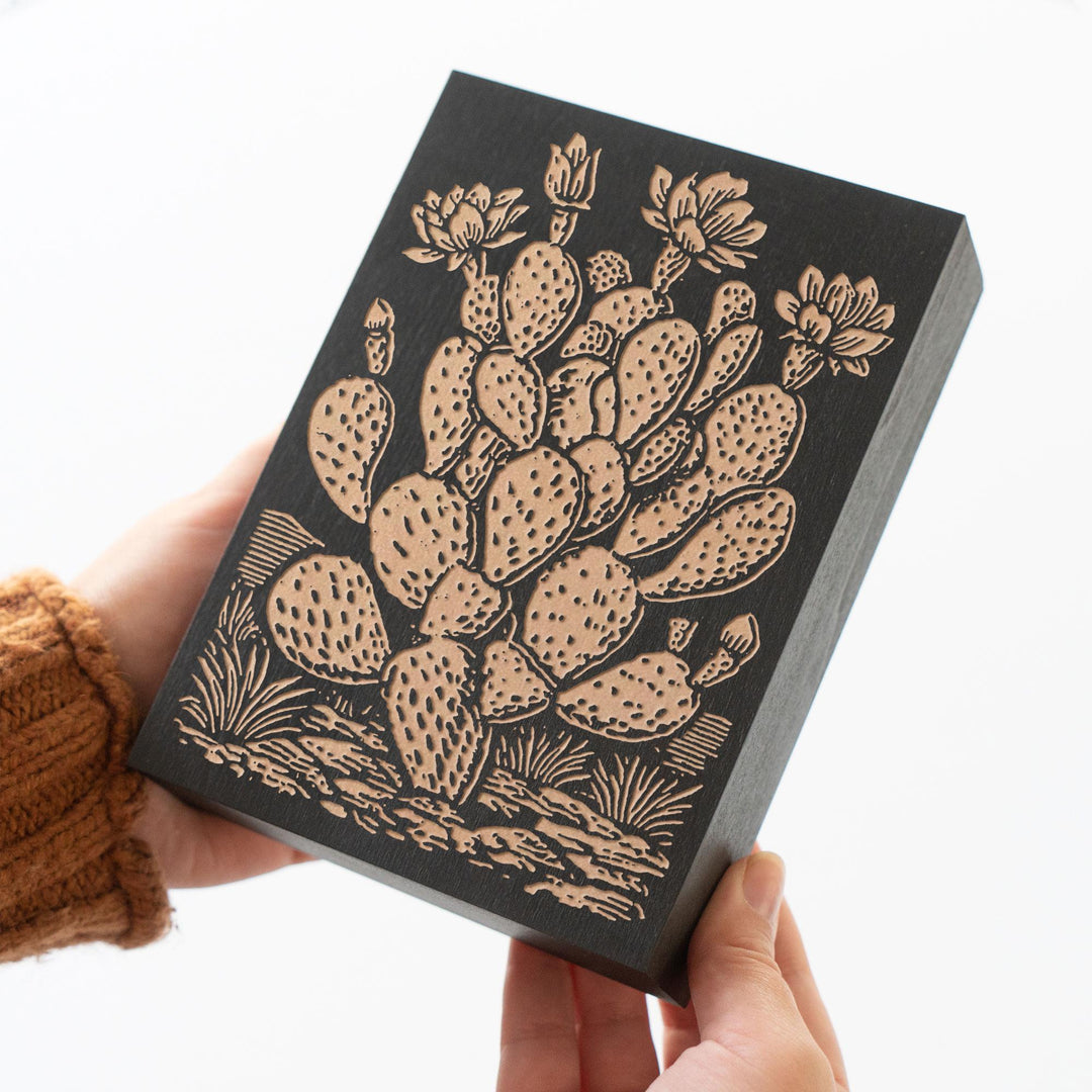 Prickly Pear Cactus Engraved Wood Panel