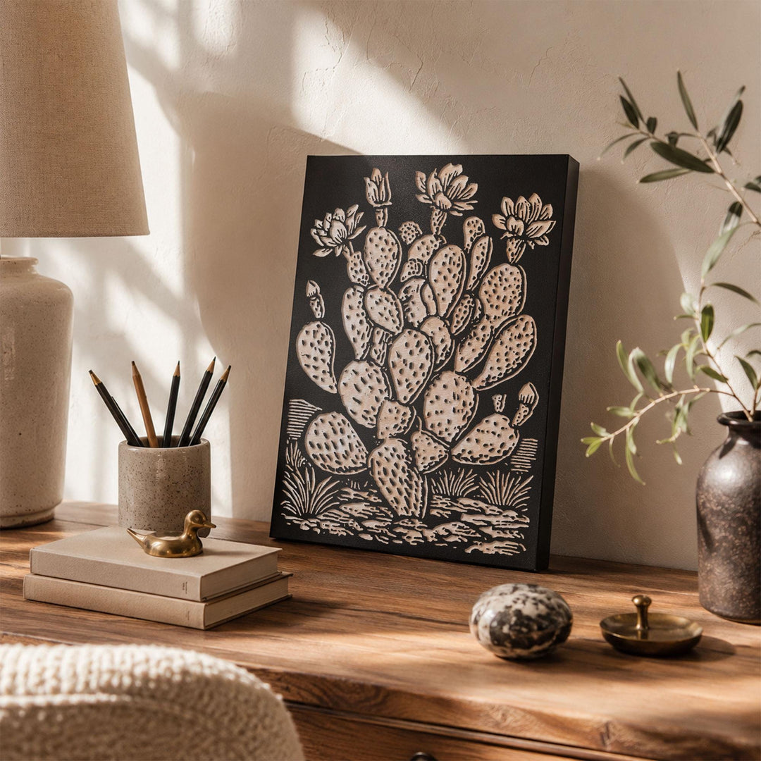 Prickly Pear Cactus Engraved Wood Panel