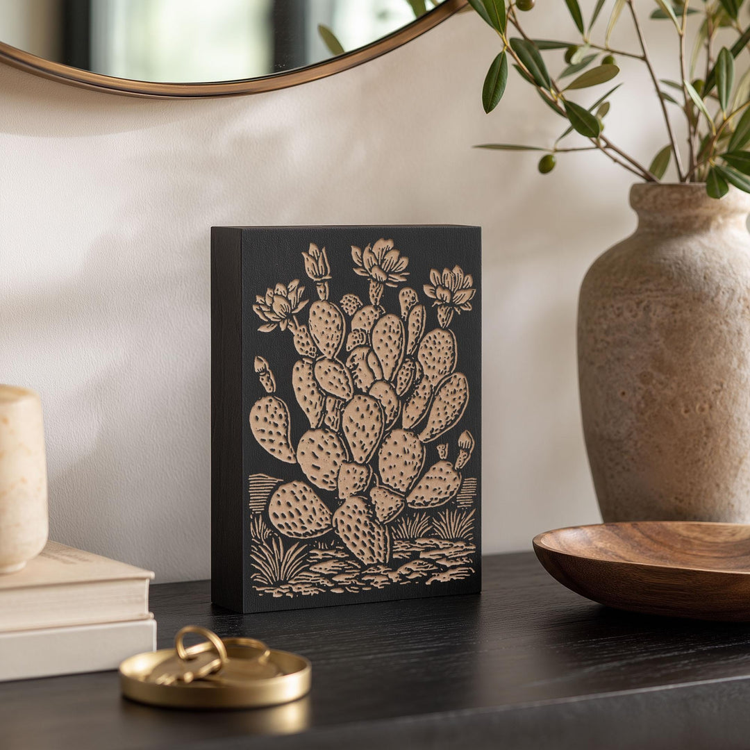 Prickly Pear Cactus Engraved Wood Panel