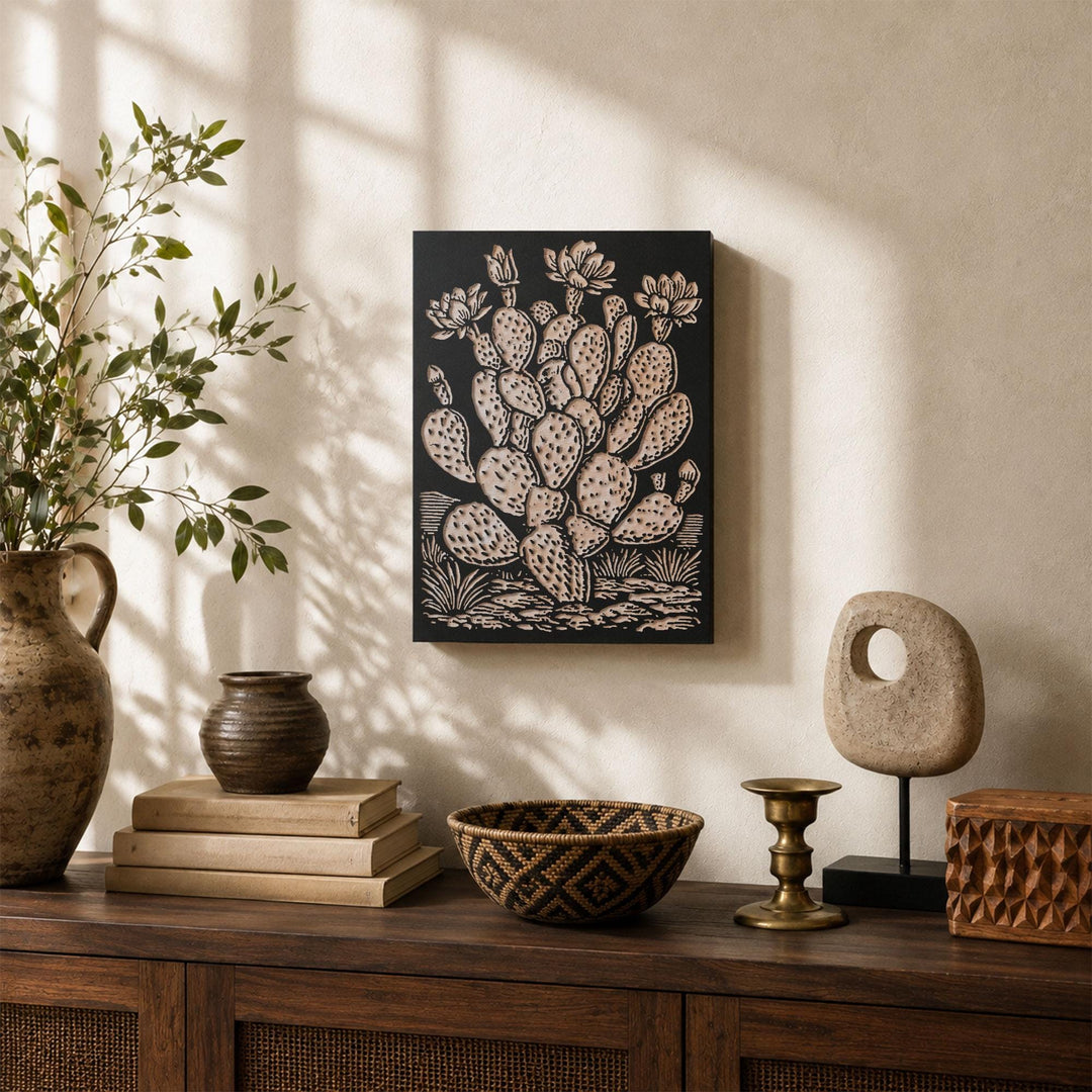 Prickly Pear Cactus Engraved Wood Panel