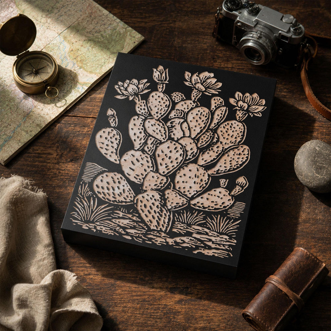 Prickly Pear Cactus Engraved Wood Panel
