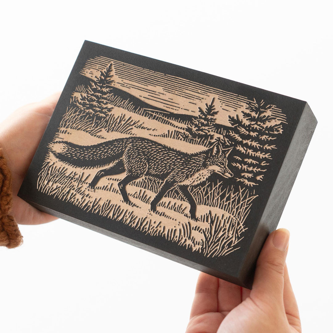 Red Fox in Winter Meadow Engraved Wood Panel