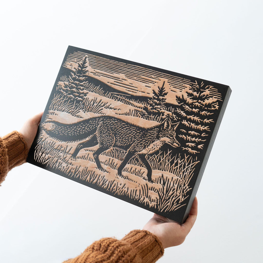 Red Fox in Winter Meadow Engraved Wood Panel