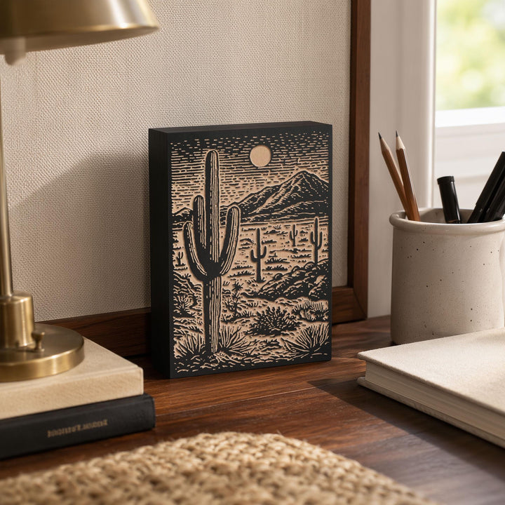 Saguaro Desert Landscape Engraved Wood Panel