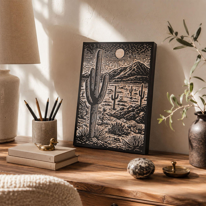 Saguaro Desert Landscape Engraved Wood Panel