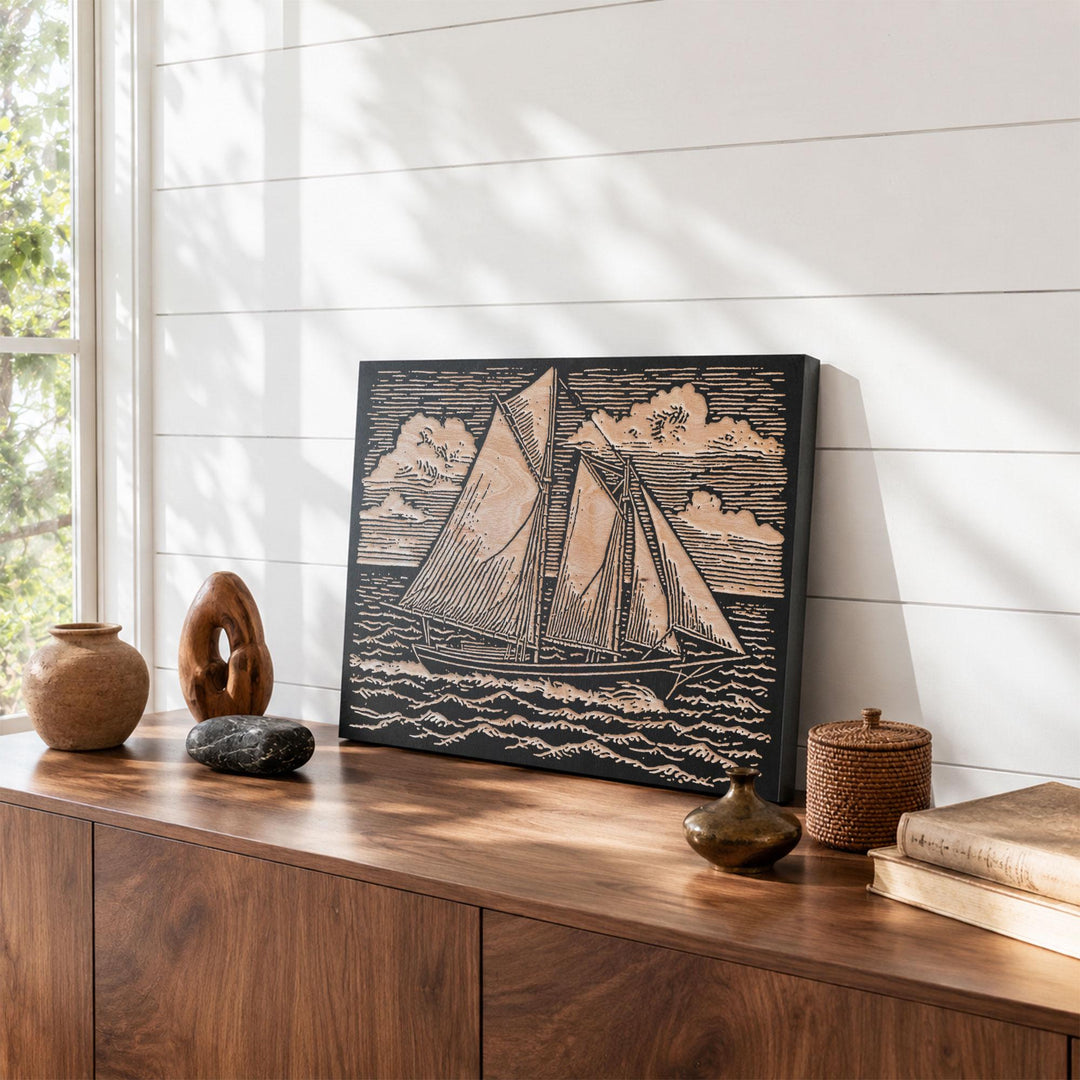 Schooner Under Open Sky Engraved Wood Panel
