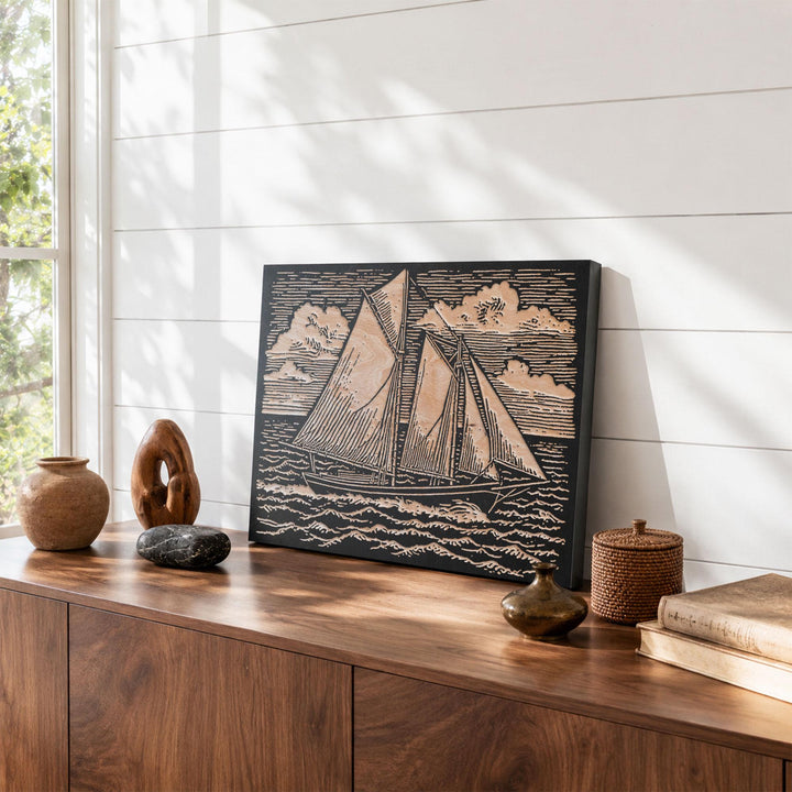 Schooner Under Open Sky Engraved Wood Panel