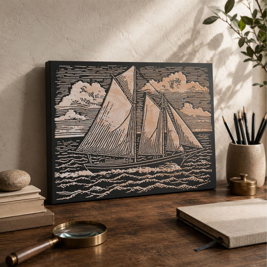 Schooner Under Open Sky Engraved Wood Panel