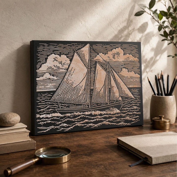 Schooner Under Open Sky Engraved Wood Panel