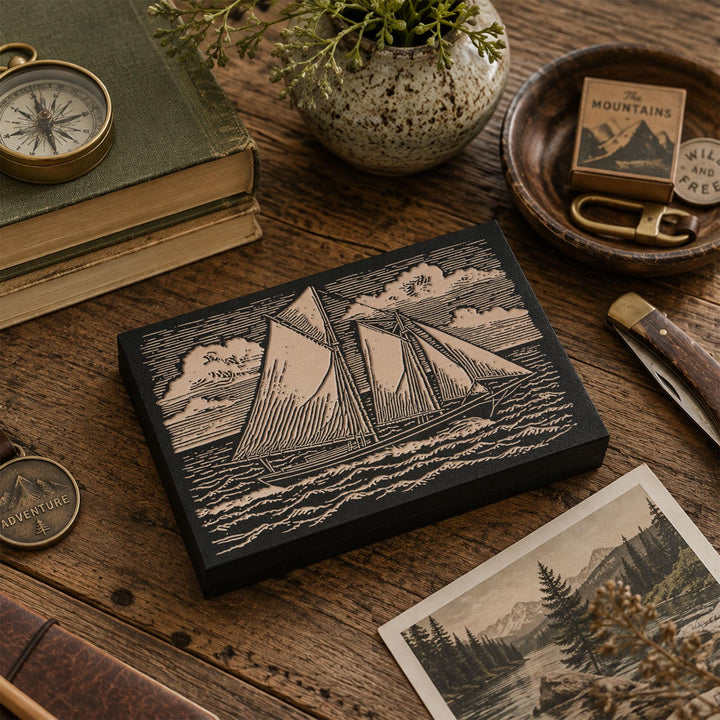 Schooner Under Open Sky Engraved Wood Panel