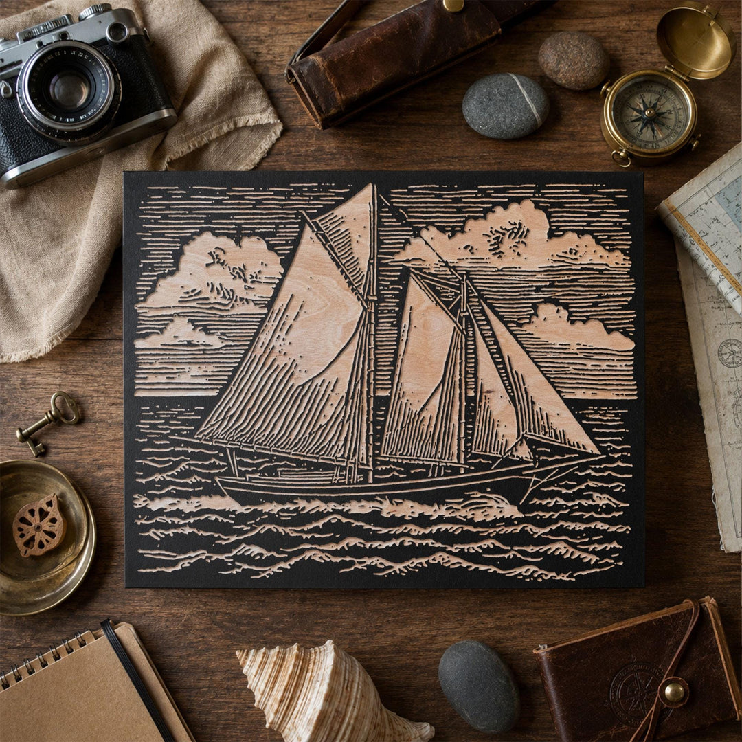 Schooner Under Open Sky Engraved Wood Panel