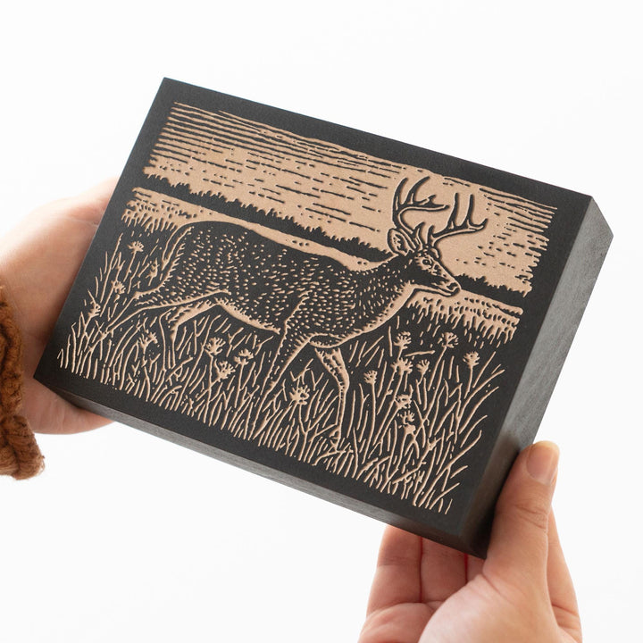 Stag Crossing Meadow Engraved Wood Panel