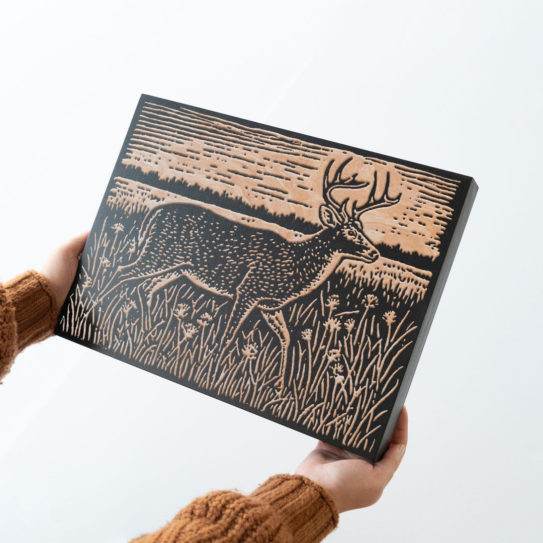 Stag Crossing Meadow Engraved Wood Panel