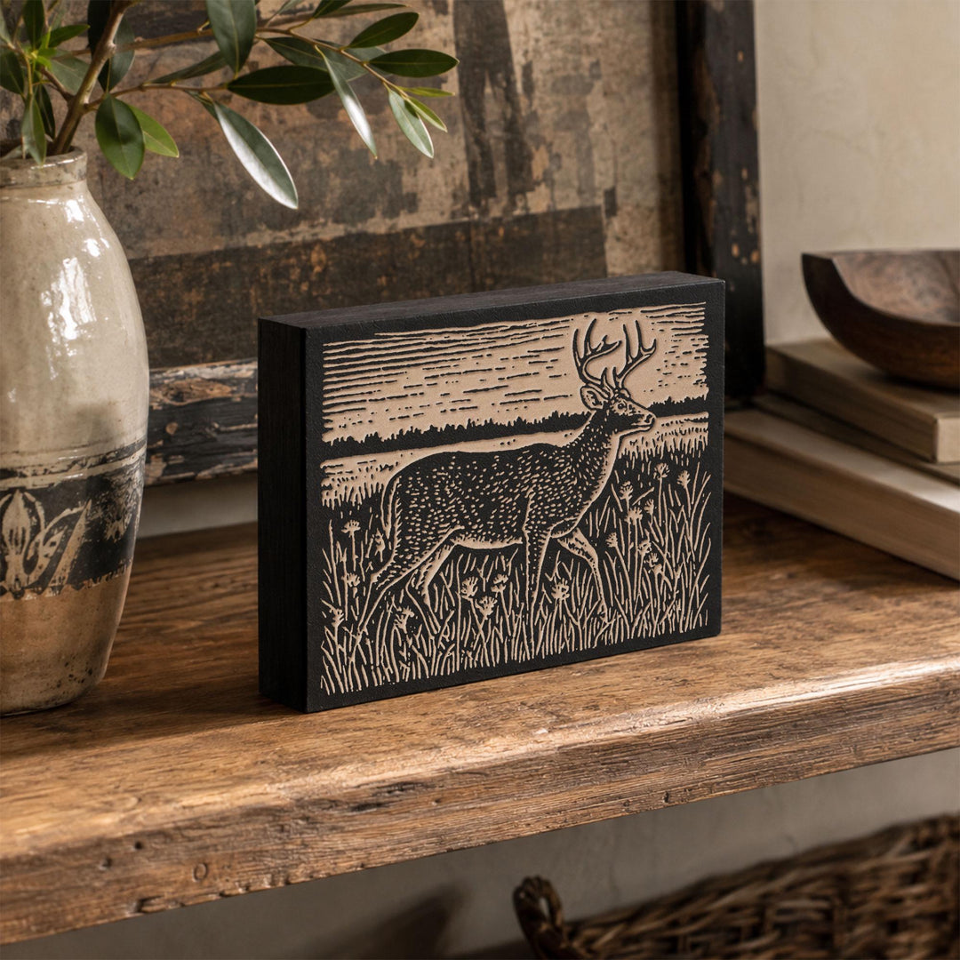 Stag Crossing Meadow Engraved Wood Panel
