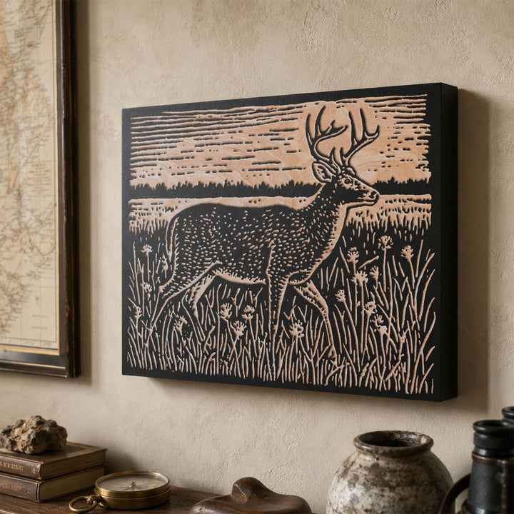 Stag Crossing Meadow Engraved Wood Panel