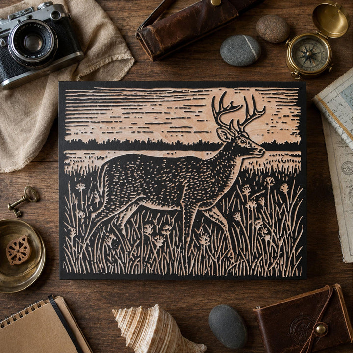 Stag Crossing Meadow Engraved Wood Panel