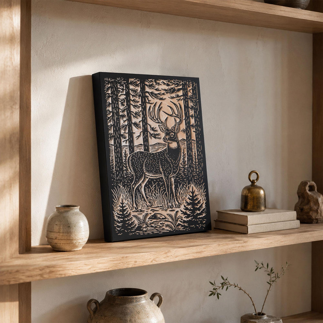 Stag in Pine Forest Engraved Wood Panel