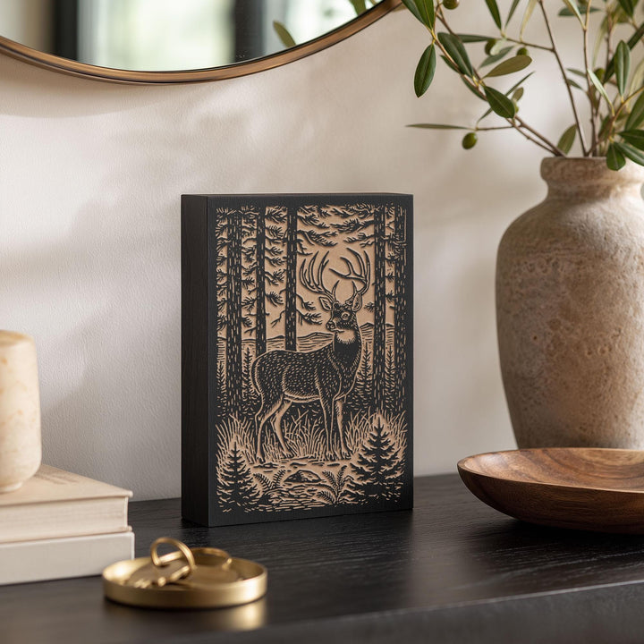 Stag in Pine Forest Engraved Wood Panel