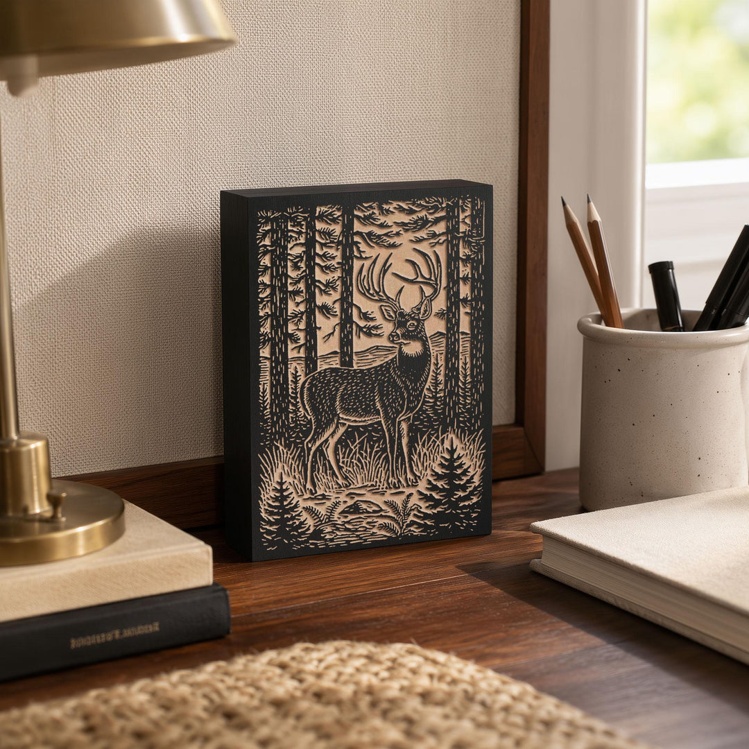 Stag in Pine Forest Engraved Wood Panel