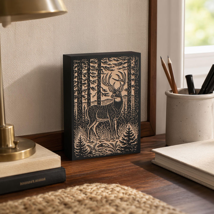 Stag in Pine Forest Engraved Wood Panel