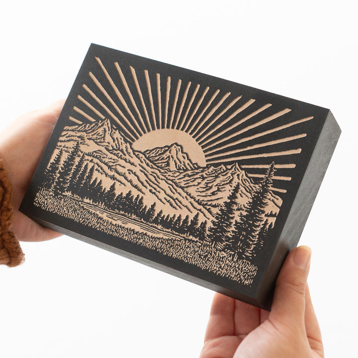 Sun over Mountain Range Engraved Wood Panel