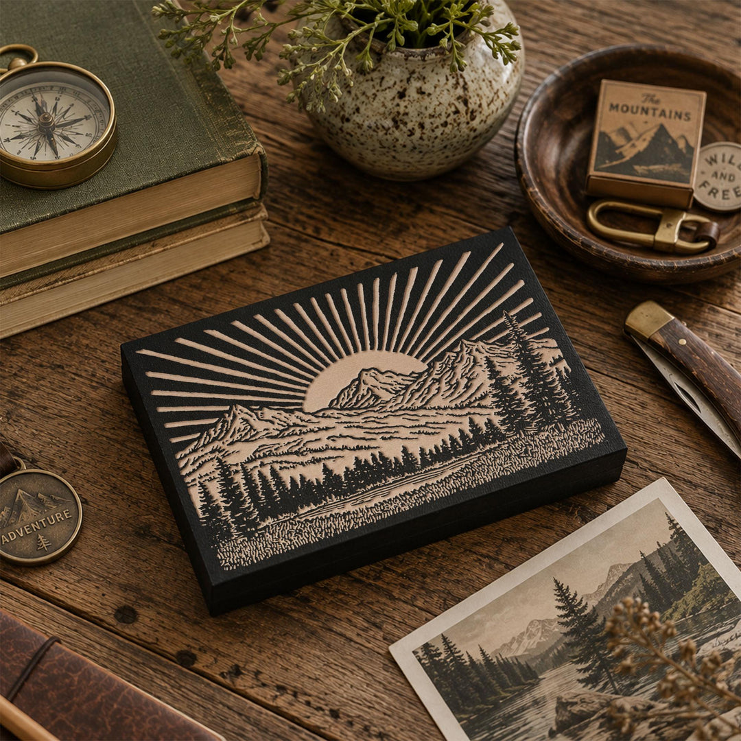 Sun over Mountain Range Engraved Wood Panel