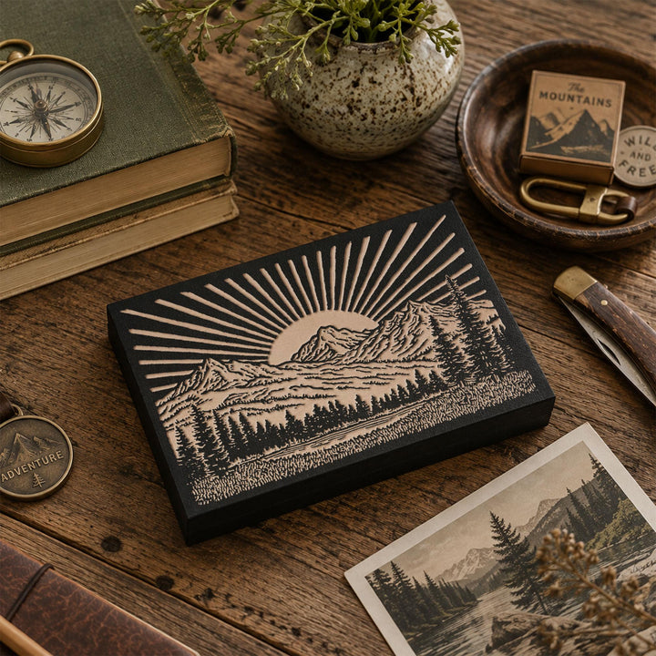 Sun over Mountain Range Engraved Wood Panel
