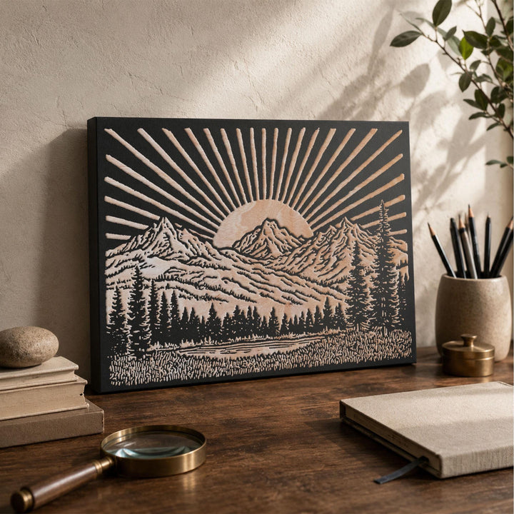 Sun over Mountain Range Engraved Wood Panel