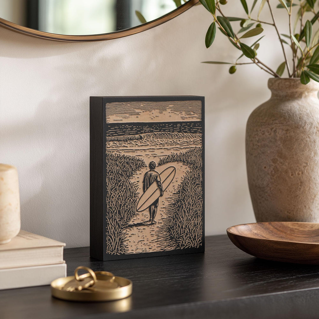 Surfer Walking Toward the Ocean Engraved Wood Panel