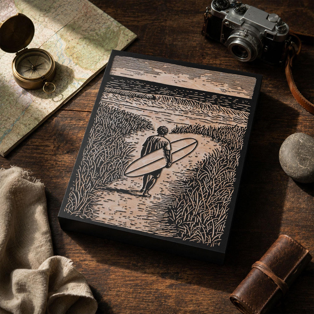 Surfer Walking Toward the Ocean Engraved Wood Panel