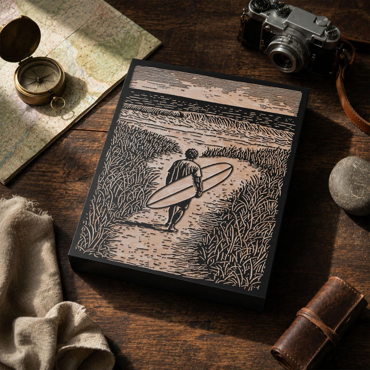 Surfer Walking Toward the Ocean Engraved Wood Panel