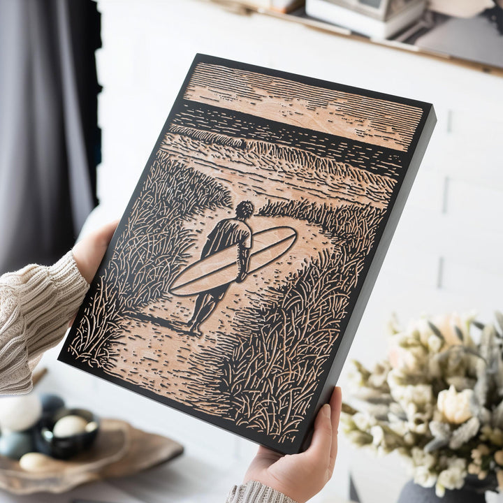 Surfer Walking Toward the Ocean Engraved Wood Panel