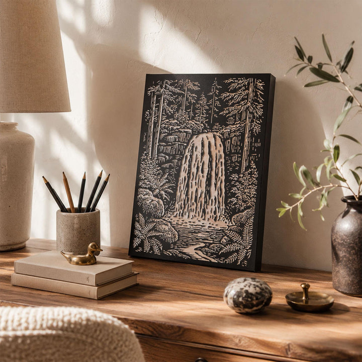 Waterfall in Forest Engraved Wood Panel