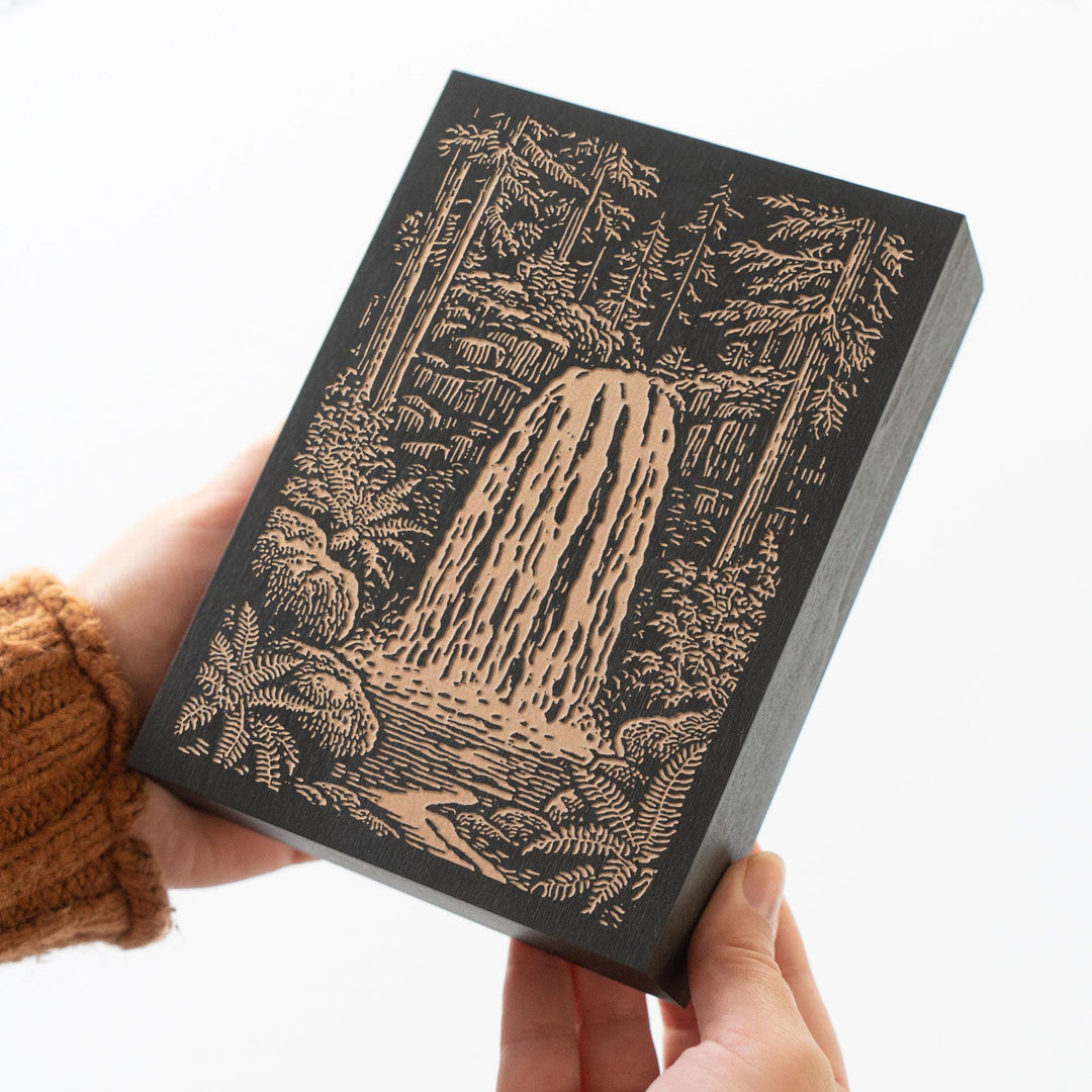 Waterfall in Forest Engraved Wood Panel