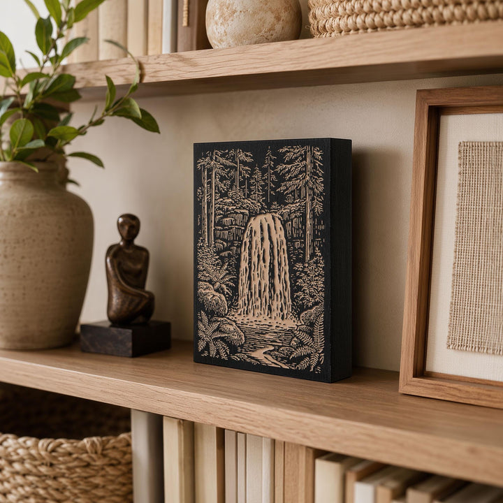 Waterfall in Forest Engraved Wood Panel