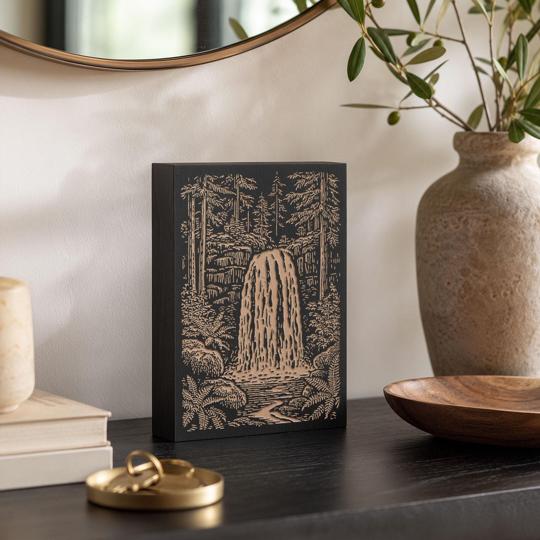Waterfall in Forest Engraved Wood Panel