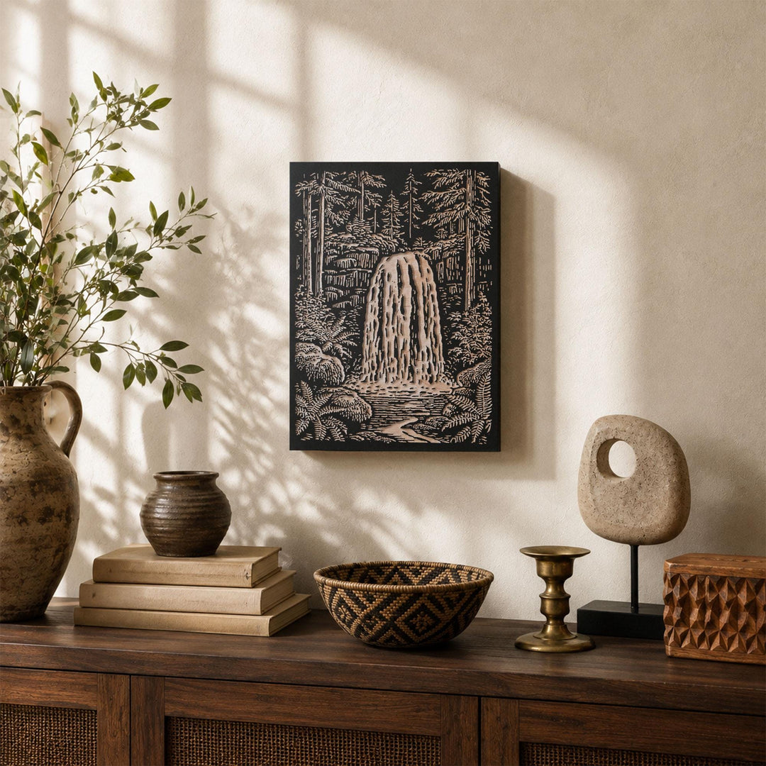 Waterfall in Forest Engraved Wood Panel