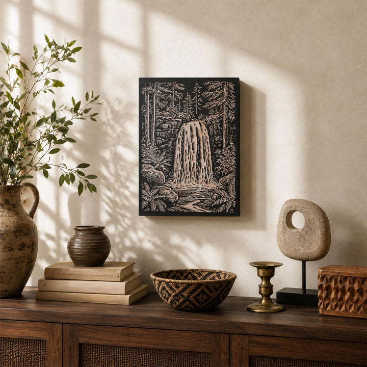 Waterfall in Forest Engraved Wood Panel