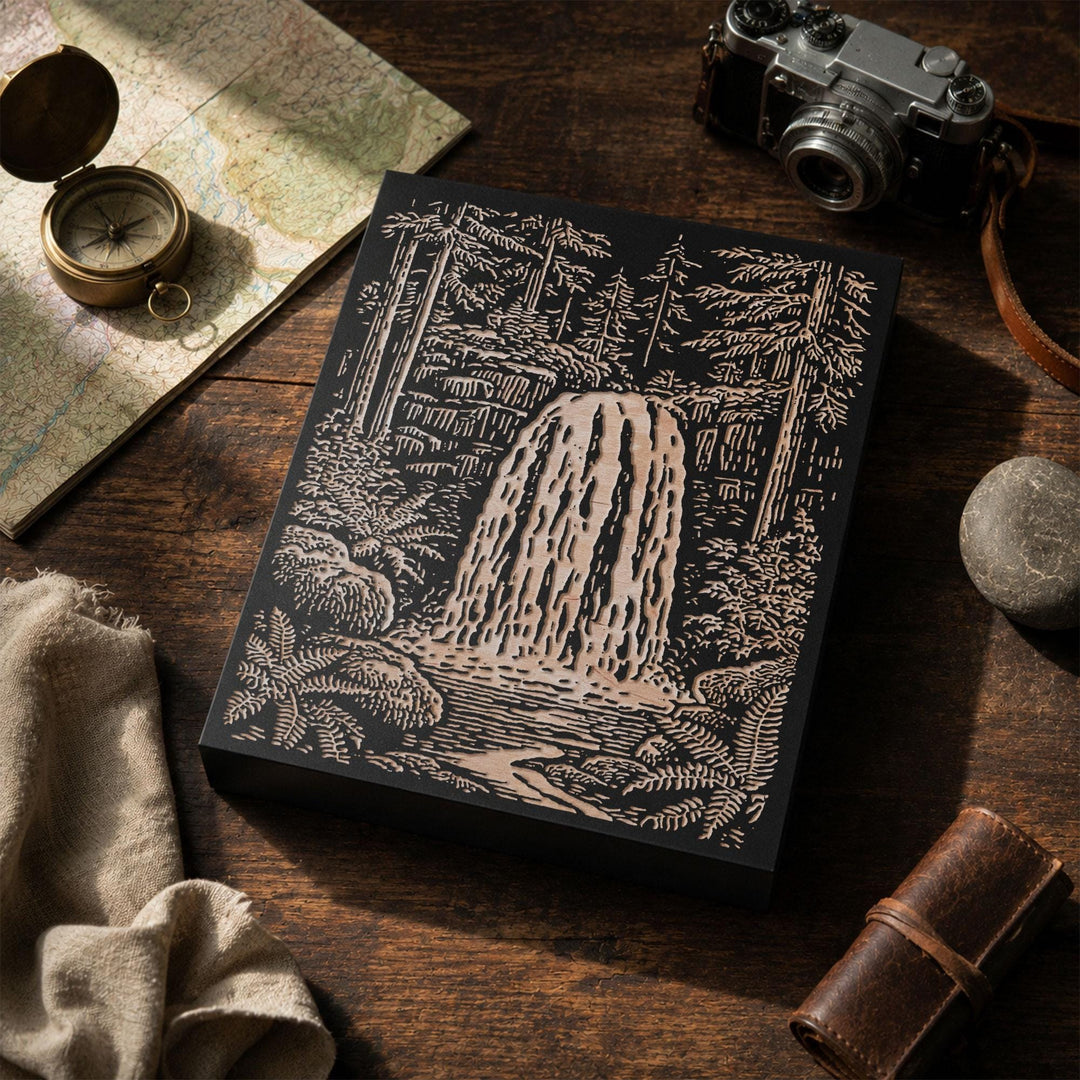 Waterfall in Forest Engraved Wood Panel