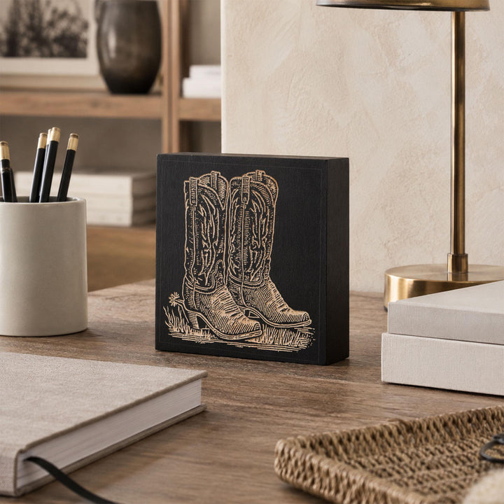 Classic Cowboy Boots Engraved Wood Panel