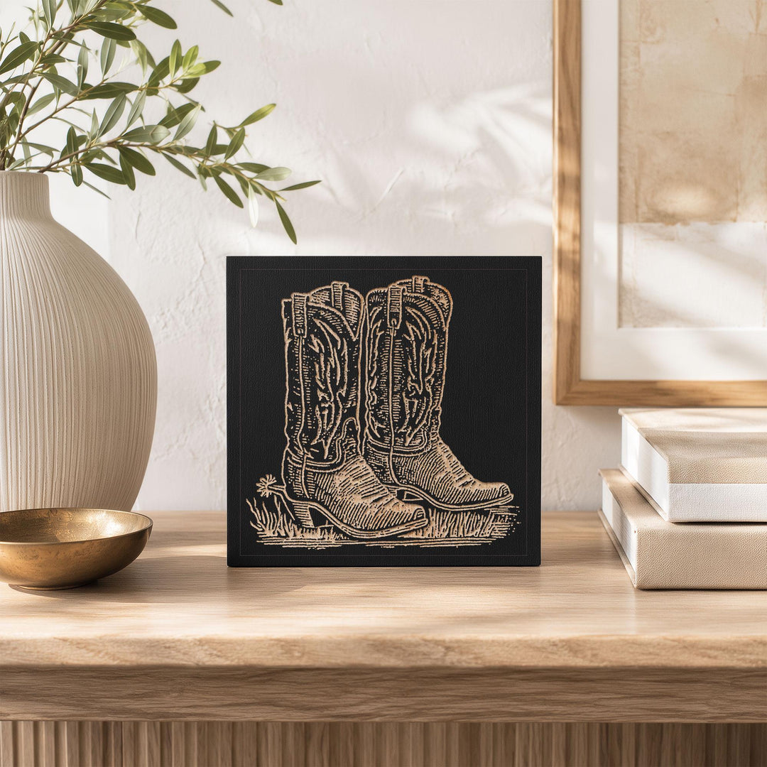 Classic Cowboy Boots Engraved Wood Panel
