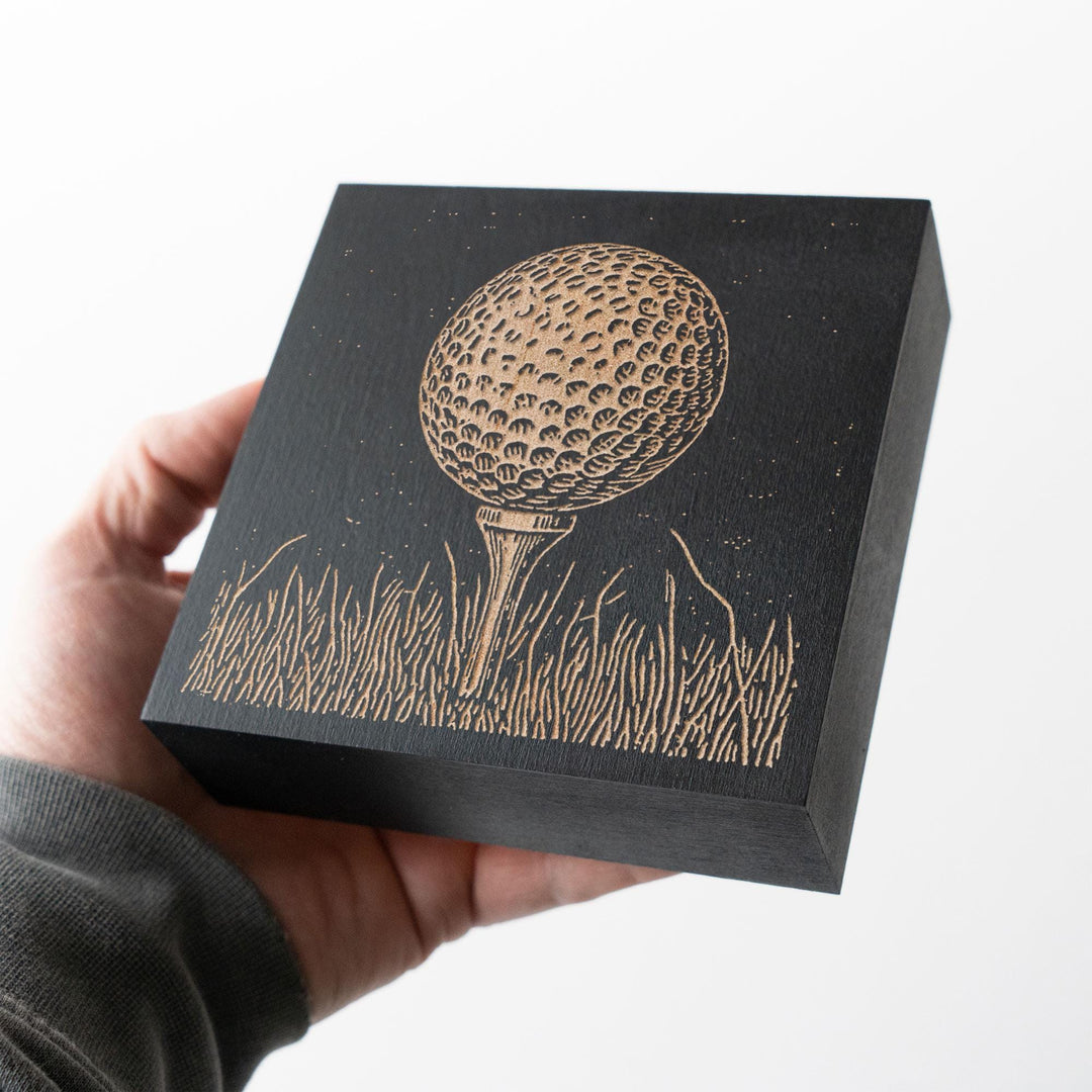 Golf Ball on Tee Engraved Wood Panel
