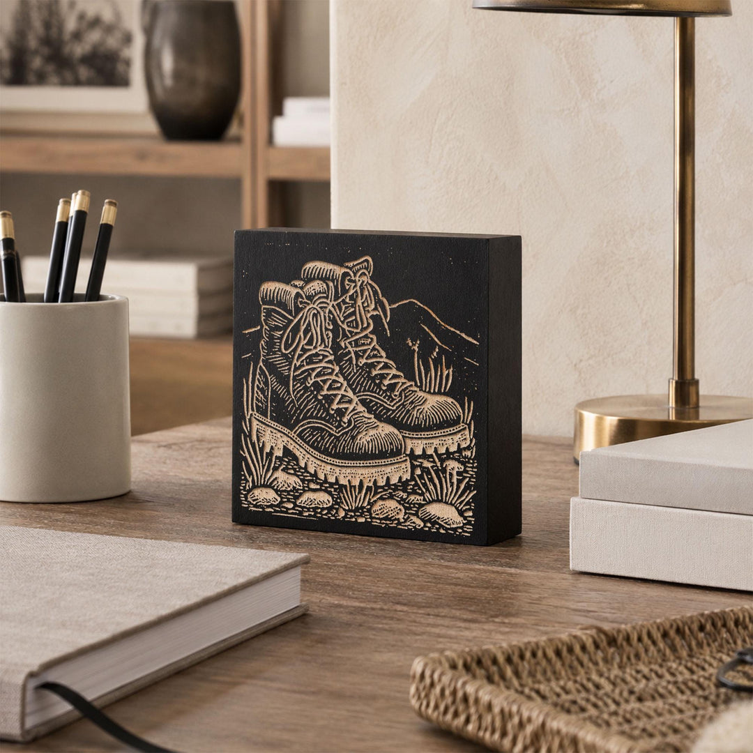 Hiking Boots Engraved Wood Panel
