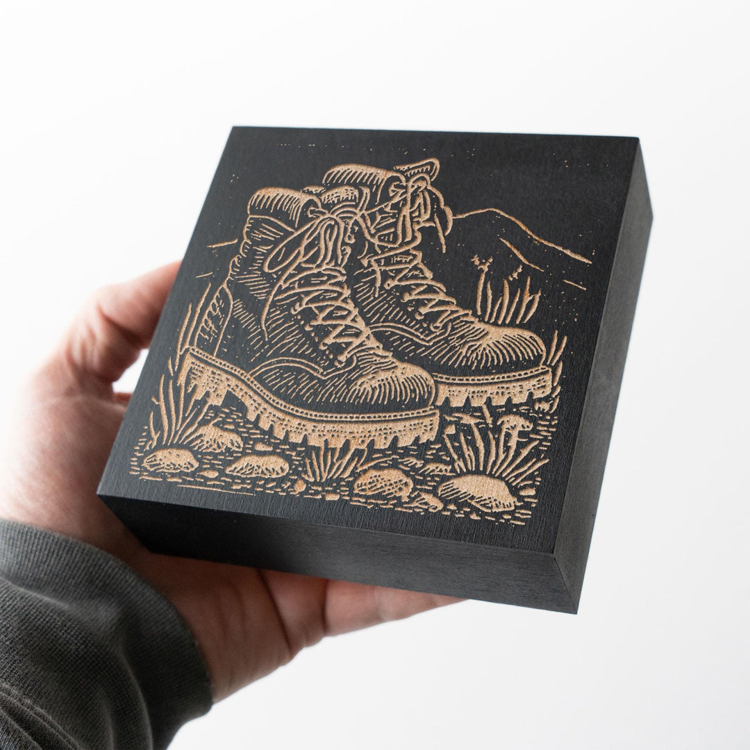 Hiking Boots Engraved Wood Panel