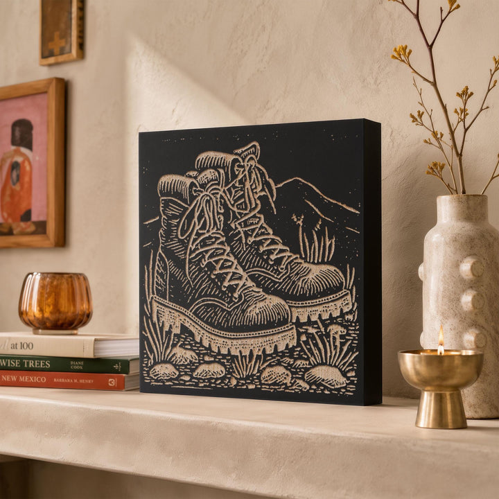 Hiking Boots Engraved Wood Panel
