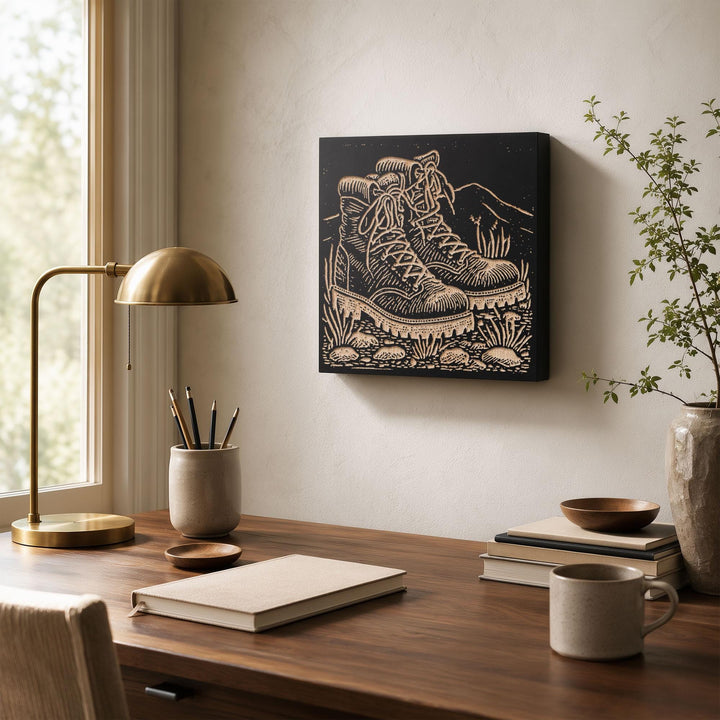 Hiking Boots Engraved Wood Panel