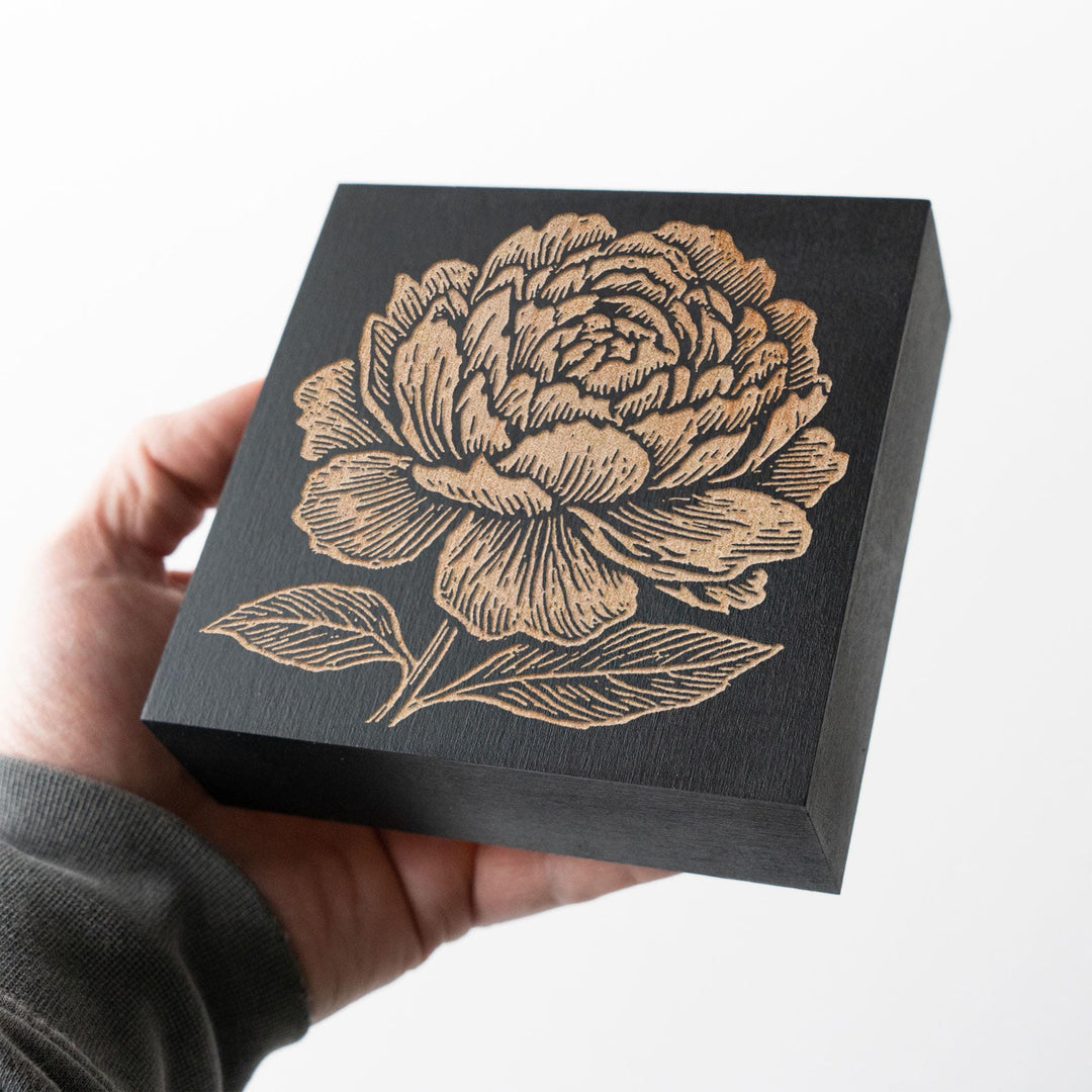 Peony Bloom Engraved Wood Panel